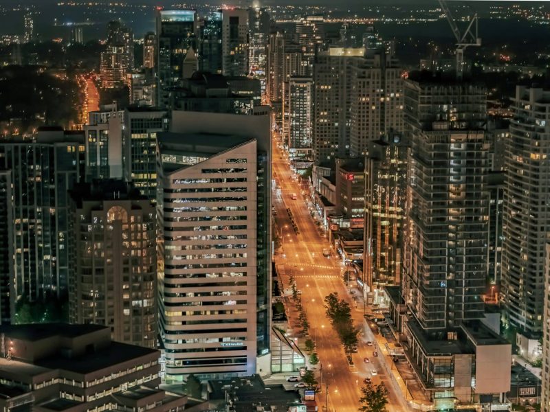 Night photo aerial view of toronto at dundas and yonge